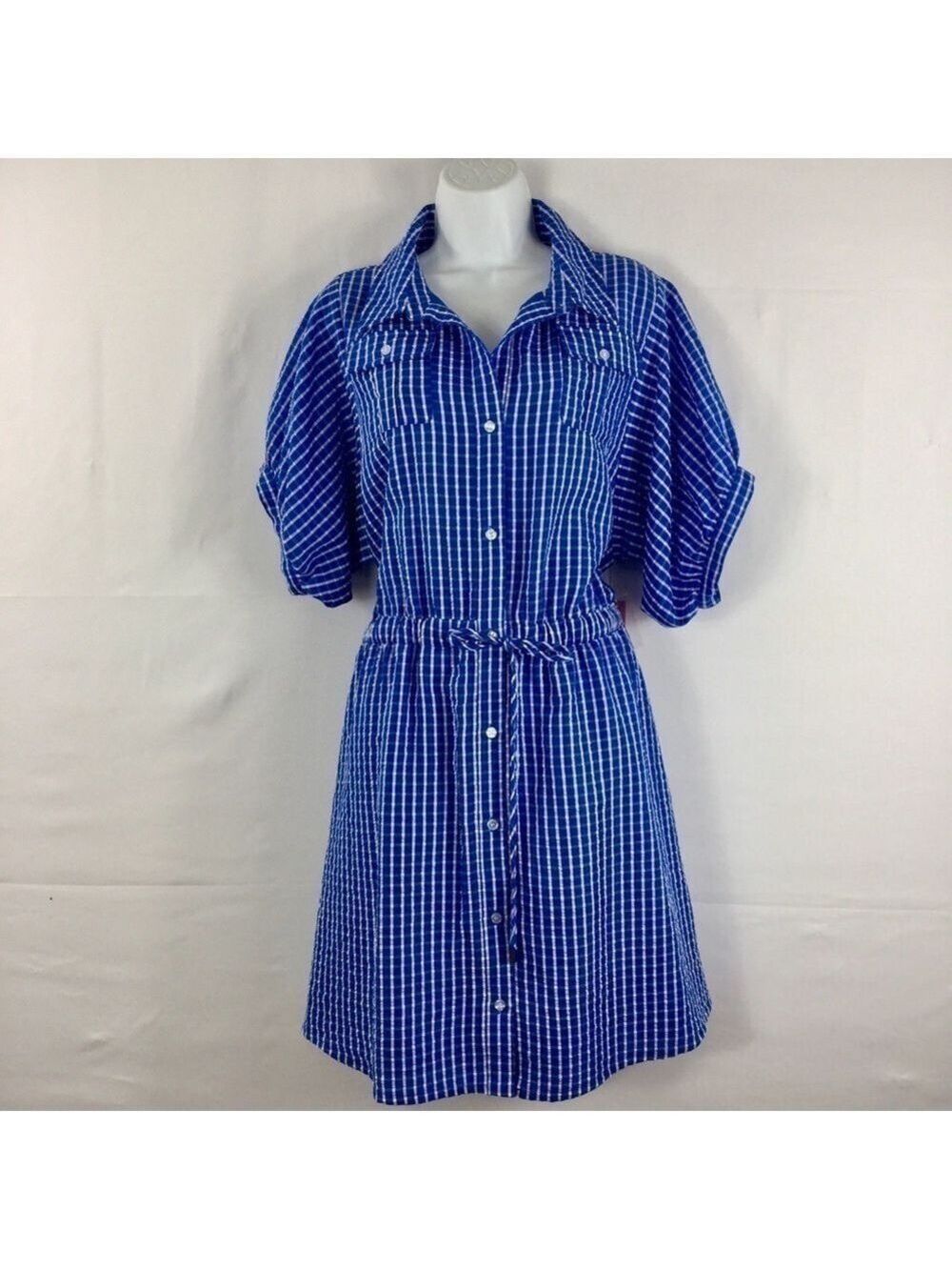 LDT Chris Button Down Collar Short Sleeve Seersucker Blouson Shirt Dress - Picture 4 of 12